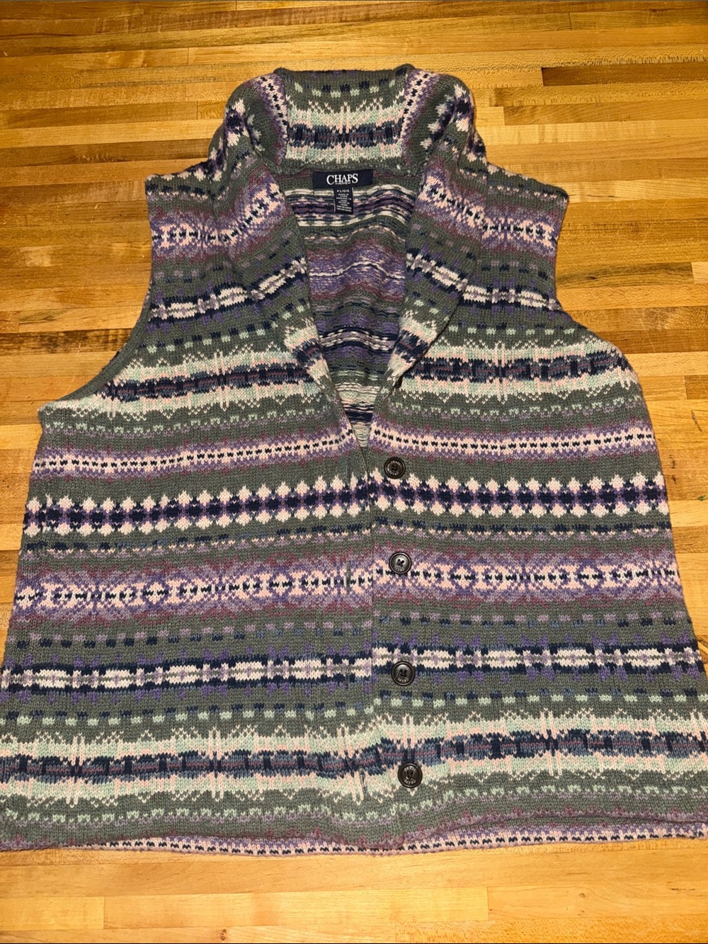 Chaps Fair Isle Knit Vest in Green, Purple & Cream